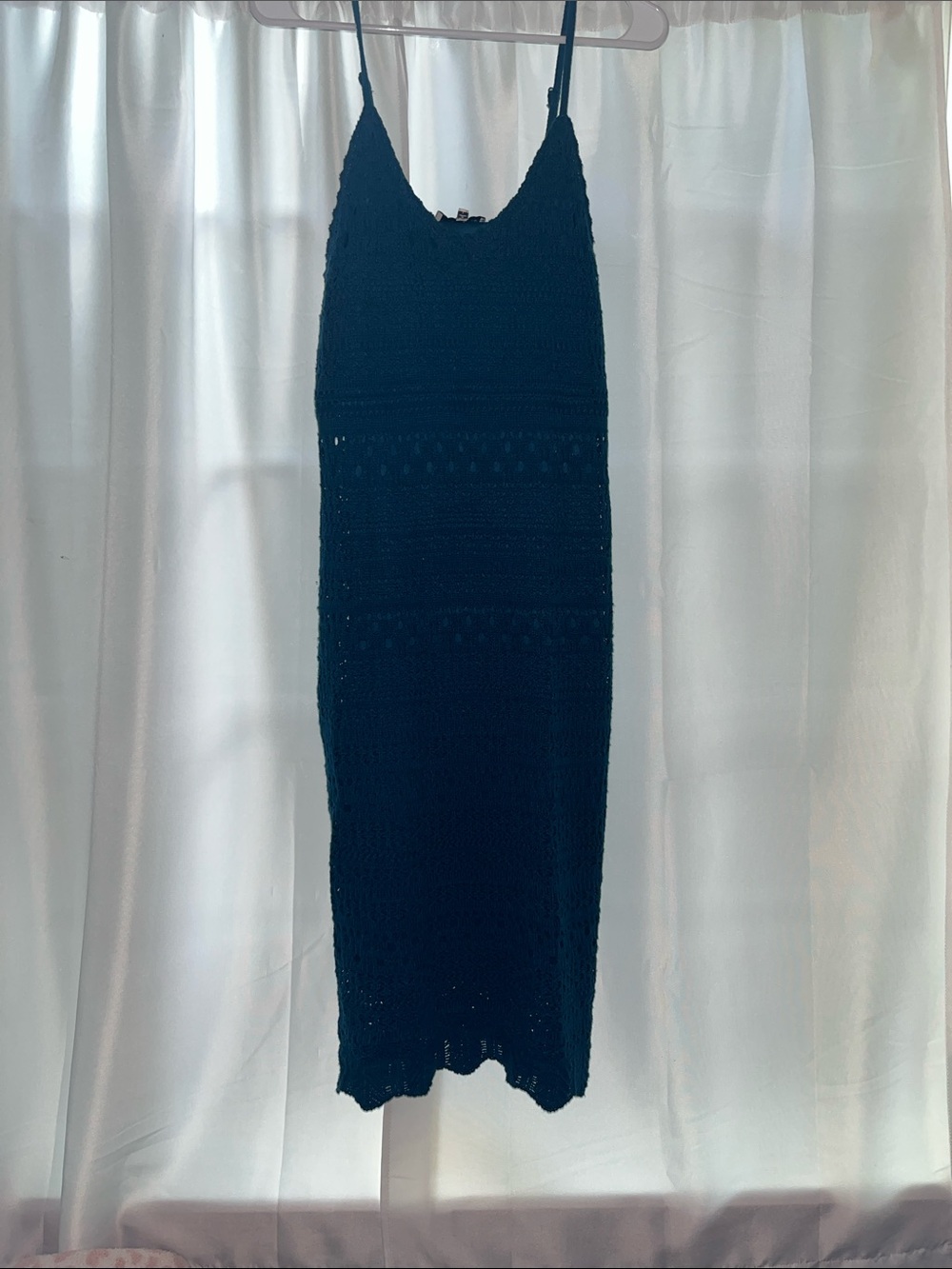Teal Crochet Midi Dress with V-Neck and Spaghetti Straps